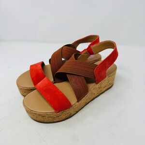SOREL‎ Wedge Sandals Cork Platform Red Suede Elastic Straps Size 7